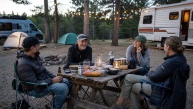 Alleinreisende Camper treffen sich an einem gemeinsamen Tisch