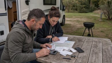 Paar kalkuliert die Kosten eines Campingurlaubs