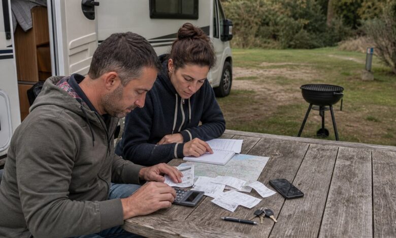 Paar kalkuliert die Kosten eines Campingurlaubs