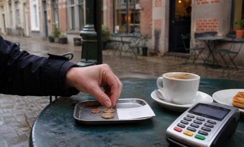 Euro-Münzen als Trinkgeld in einem belgischen Café