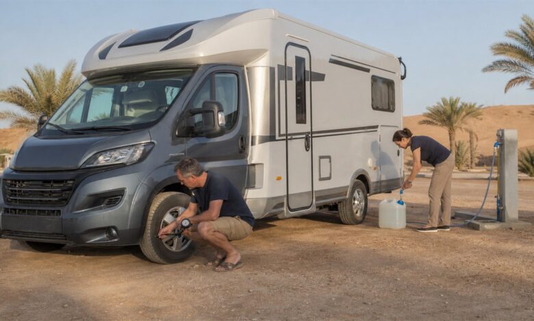 Reisende versorgen ihr Wohnmobil auf einem Campingplatz in Tunesien