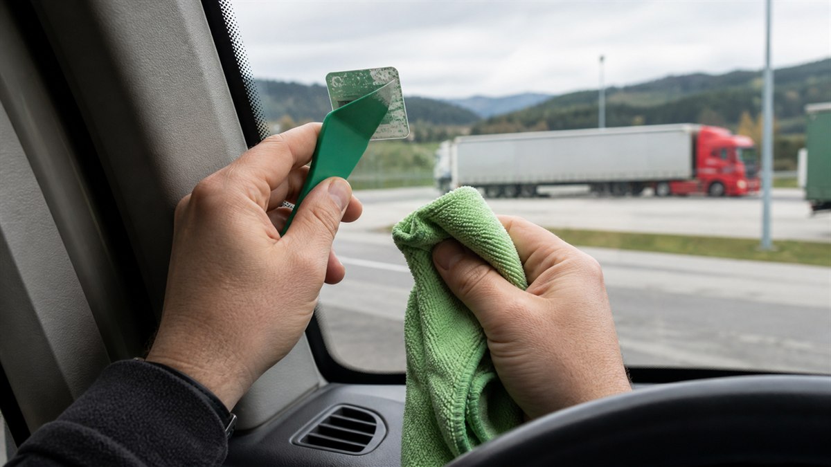 Alte Vignette wird vorsichtig von der Windschutzscheibe entfernt