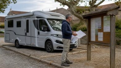 Reisender prüft Stellplatzregeln neben seinem Wohnmobil in Frankreich