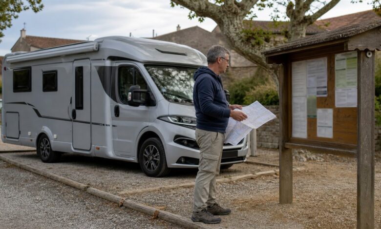 Reisender prüft Stellplatzregeln neben seinem Wohnmobil in Frankreich
