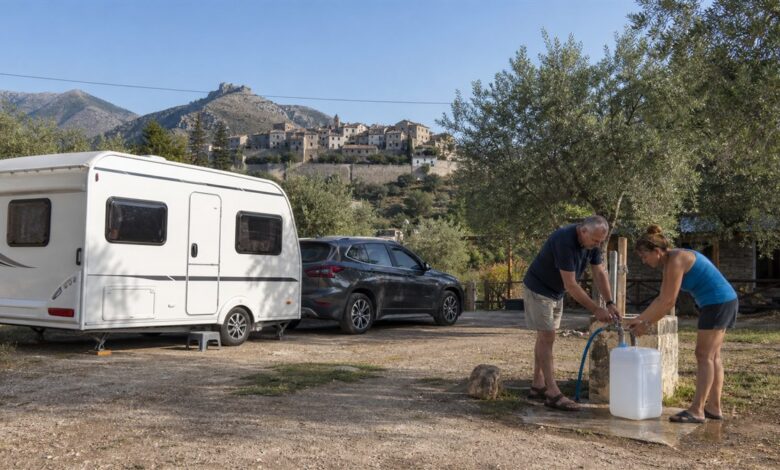 Camper füllen Trinkwasser auf einem Campingplatz in Albanien