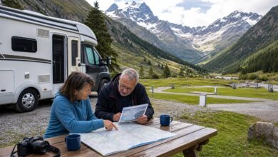 Paar plant eine Wohnmobil-Rundreise durch die Alpen