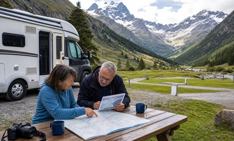Paar plant eine Wohnmobil-Rundreise durch die Alpen