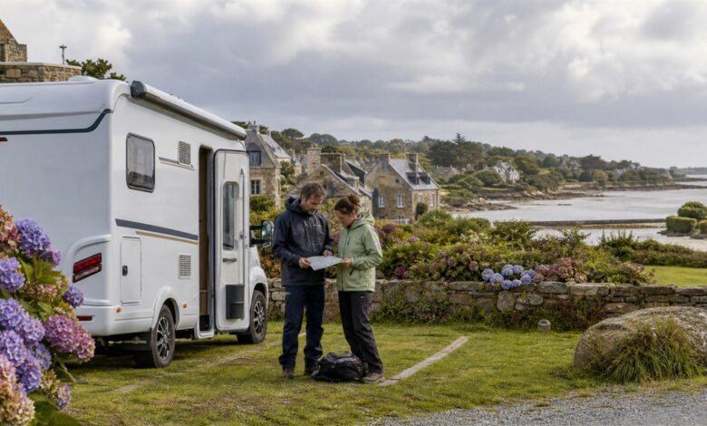 Paar plant einen Ausflug vom Campingplatz in der Bretagne