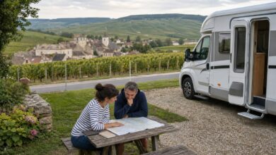 Paar plant eine Wohnmobilroute durch die Champagne