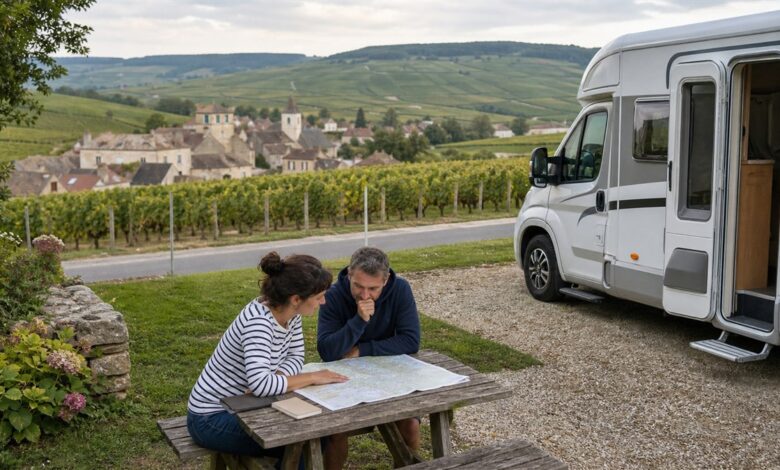 Paar plant eine Wohnmobilroute durch die Champagne