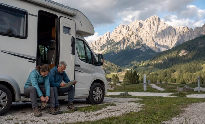 Wohnmobilreisende bereiten eine Wanderung in den Dolomiten vor