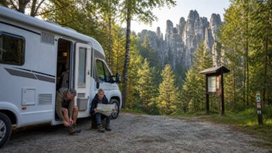 Camper bereiten eine Wanderung im Elbsandsteingebirge vor