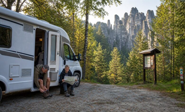 Camper bereiten eine Wanderung im Elbsandsteingebirge vor