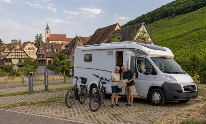 Wohnmobilreisende planen eine Fahrradtour durch das Elsass