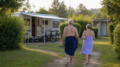 Paar mit Badetüchern auf einem europäischen FKK-Campingplatz