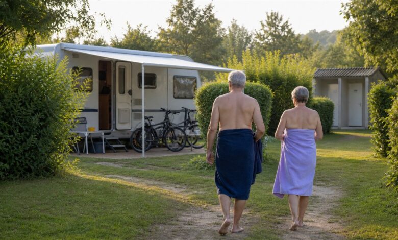 Paar mit Badetüchern auf einem europäischen FKK-Campingplatz