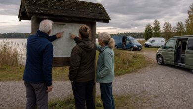 Alleinreisende Camper planen gemeinsam ihre Route