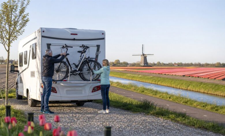 Paar sichert Fahrräder am Wohnmobil in den Niederlanden