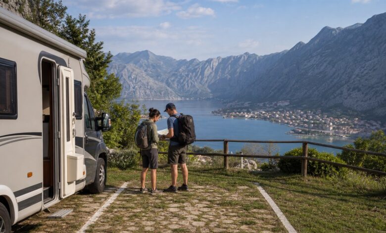 Reisende bereiten eine Wanderung an der Bucht von Kotor vor