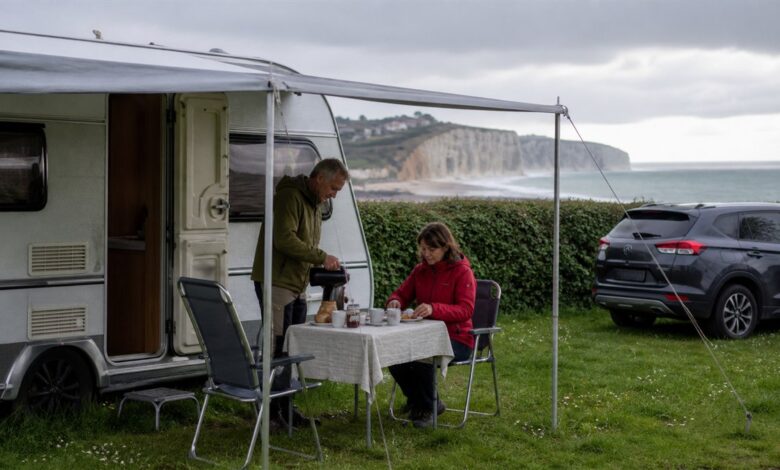 Paar frühstückt unter der Markise auf einem Campingplatz in der Normandie