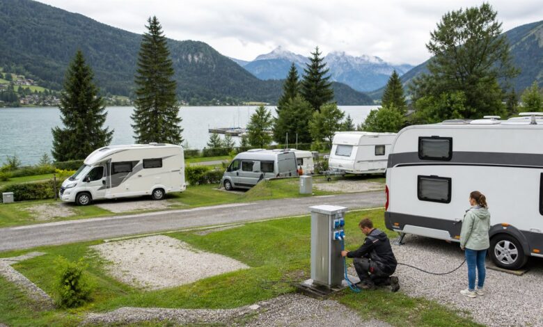 Campingplatzmitarbeiter prüft einen Stromanschluss in Österreich