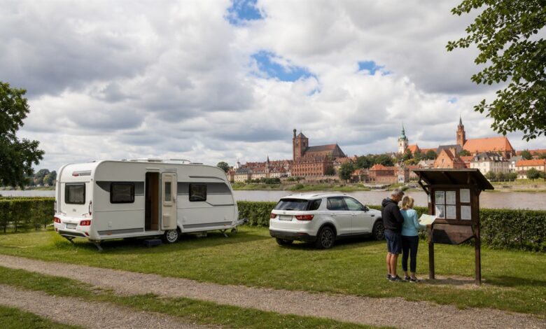 Paar plant Ausflüge von einem polnischen Campingplatz