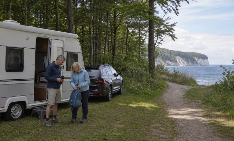 Camper bereiten eine Küstenwanderung auf Rügen vor