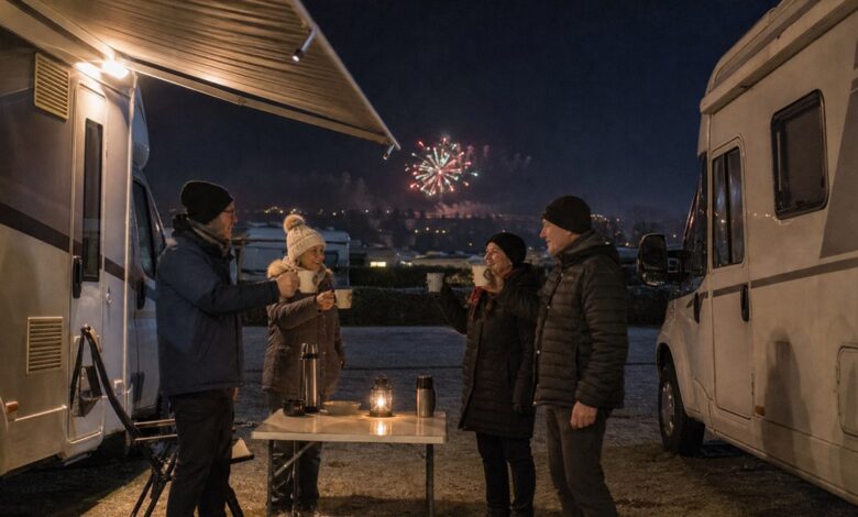 Vier Camper feiern ruhig Silvester auf dem Campingplatz