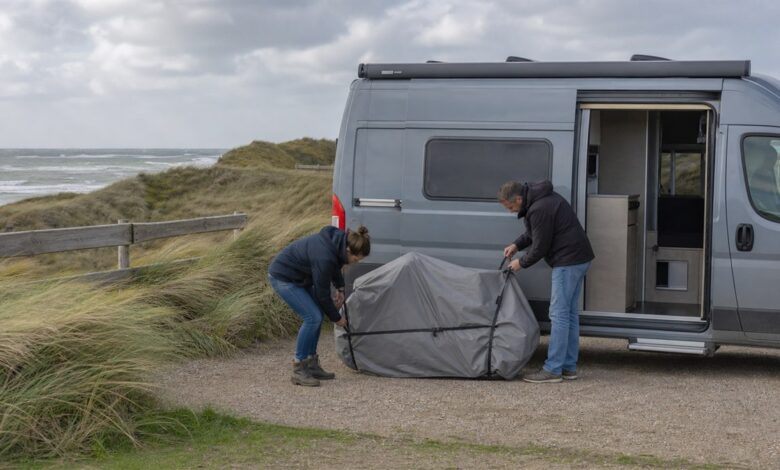 Paar sichert eine Fahrradabdeckung auf einem Campingplatz auf Sylt