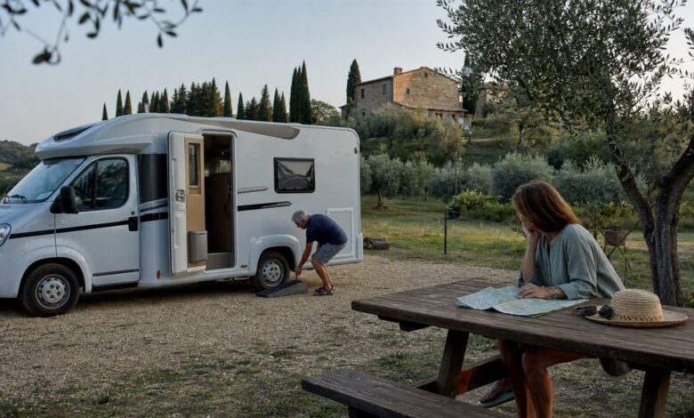 Wohnmobil auf einem Agriturismo-Campingplatz in der Toskana