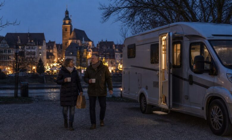 Camper kehren vom nahe gelegenen Weihnachtsmarkt zurück
