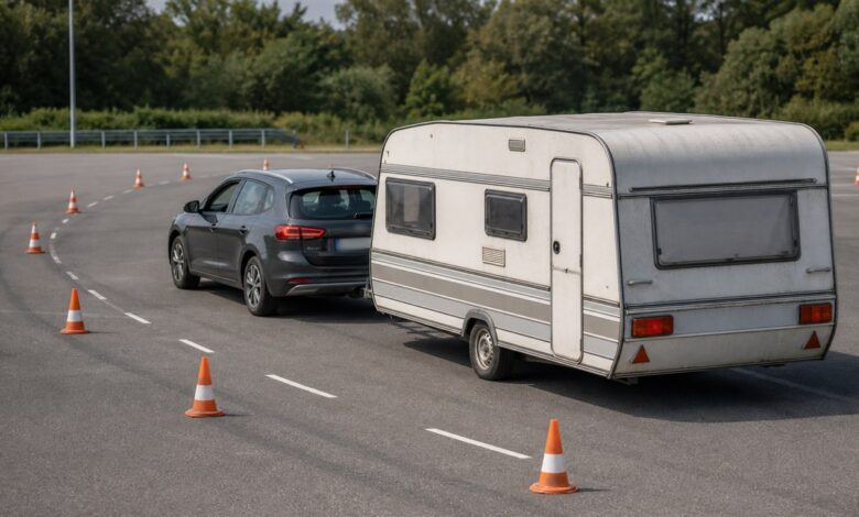 Fahrtraining mit Auto und Wohnwagen auf einem Übungsplatz