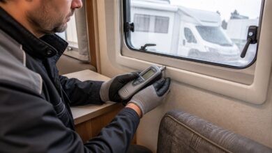 Techniker misst die Feuchtigkeit am Fensterrahmen eines Wohnmobils