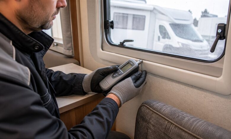 Techniker misst die Feuchtigkeit am Fensterrahmen eines Wohnmobils