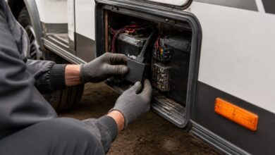 Techniker installiert einen GPS-Tracker im Servicefach eines Wohnmobils