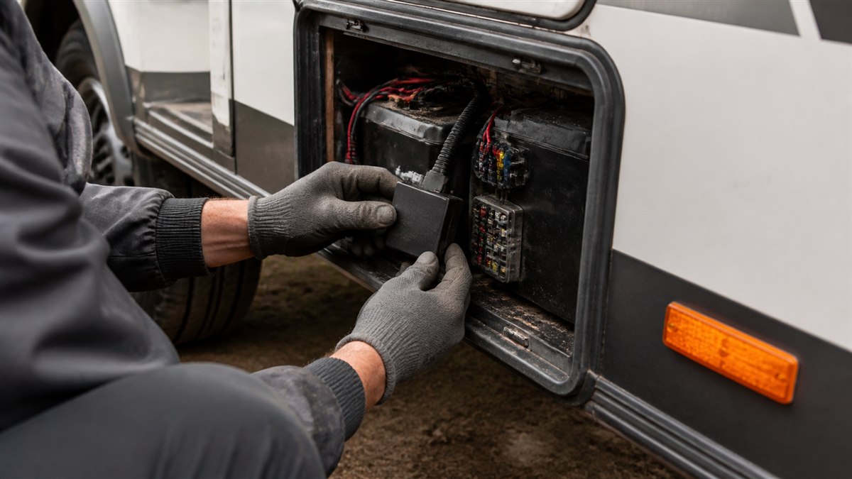 Techniker installiert einen GPS-Tracker im Servicefach eines Wohnmobils
