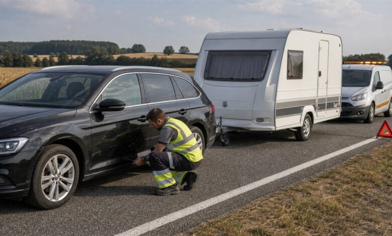 Pannenhelfer arbeitet an einem Zugfahrzeug mit angekuppeltem Wohnwagen