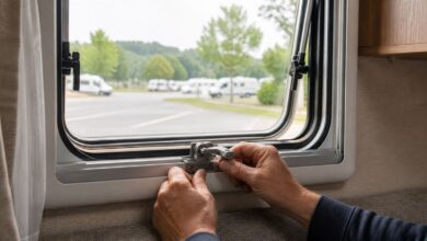 Camper verriegelt eine zusätzliche Fenstersicherung im Wohnmobil