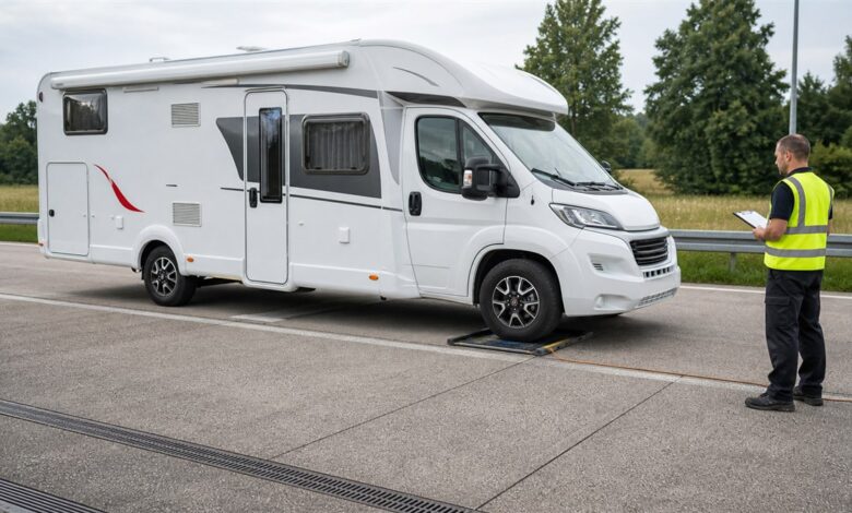Wohnmobil wird bei einer Verkehrskontrolle auf einer Achslastwaage gewogen