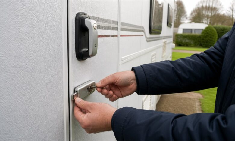 Camper verriegelt ein zusätzliches Sicherheitsschloss an der Wohnwagentür