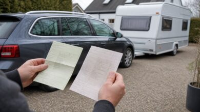 Camper vergleicht die Fahrzeugpapiere von Zugfahrzeug und Wohnwagen