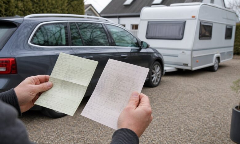Camper vergleicht die Fahrzeugpapiere von Zugfahrzeug und Wohnwagen
