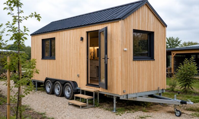 Schlichtes bezugsfertiges Tiny House auf einem dreiachsigen Anhänger