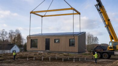 Montage eines modernen solarbetriebenen Tiny-House-Moduls auf einem Grundstück