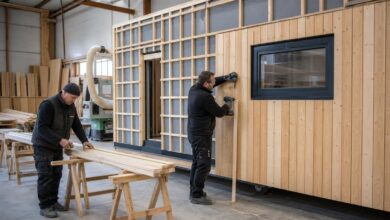 Preisgünstiges Holz-Tiny-House bei der Fertigung in einer Werkhalle