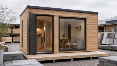 Voll eingerichtetes Tiny House als Musterhaus auf einem Baustoffmarkt-Gelände