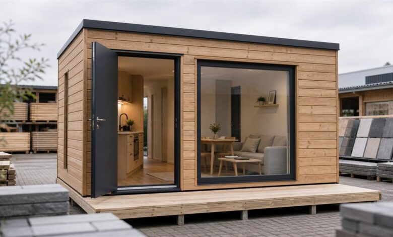 Voll eingerichtetes Tiny House als Musterhaus auf einem Baustoffmarkt-Gelände
