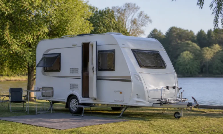 Kompakter einachsiger Wohnwagen der Weinsberg-CaraOne-390-PUH-Klasse auf einem Campingplatz