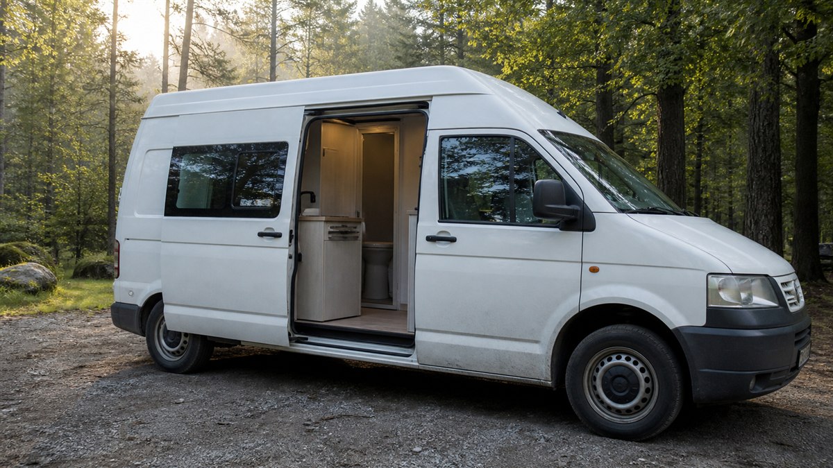 Ausgebauter VW T5 Hochdach-Camper mit kompakter Nasszelle und Küchenzeile