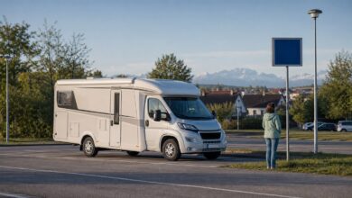 Wohnmobil auf einem ruhigen Übernachtungsparkplatz am Münchner Stadtrand